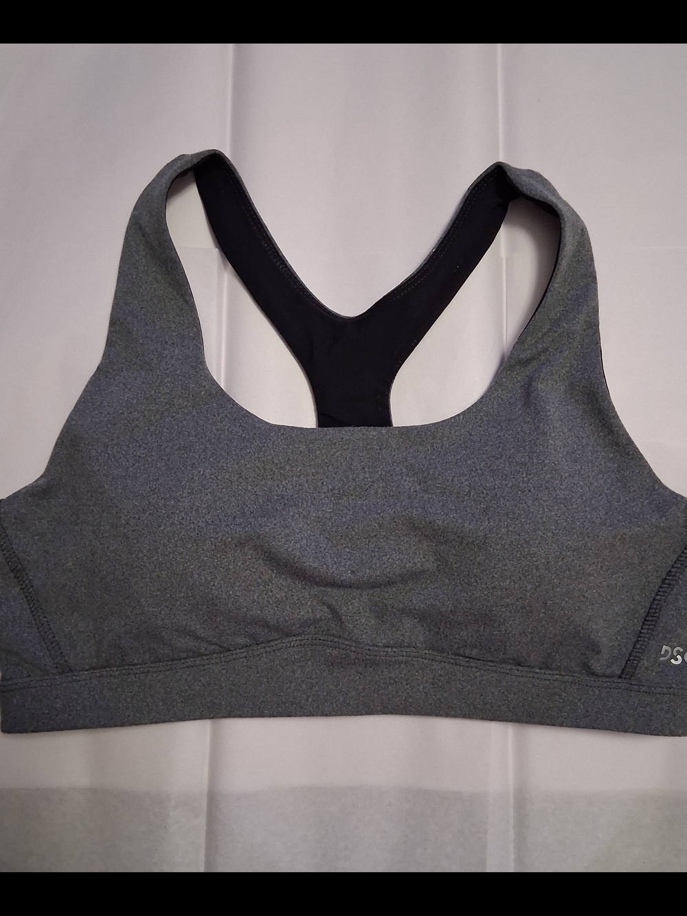 DSG L Womens Heather Gray Racerback Sports Bra with Back Panel Black Liner